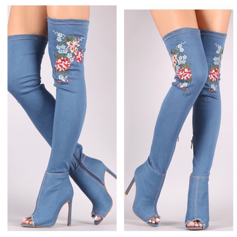 Stretchy denim flower peep toe thigh high boots